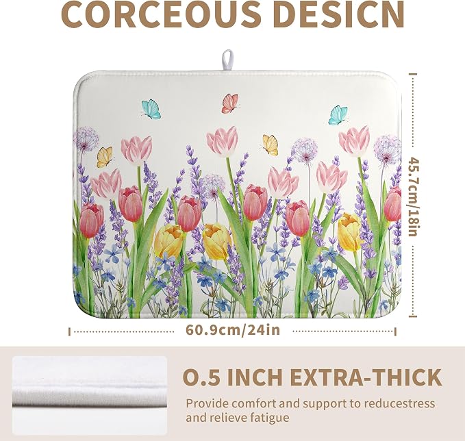 Spring Floral Dish Drying Mat for Kitchen Counter Tulip Lavender Flower Dishes - Image 2
