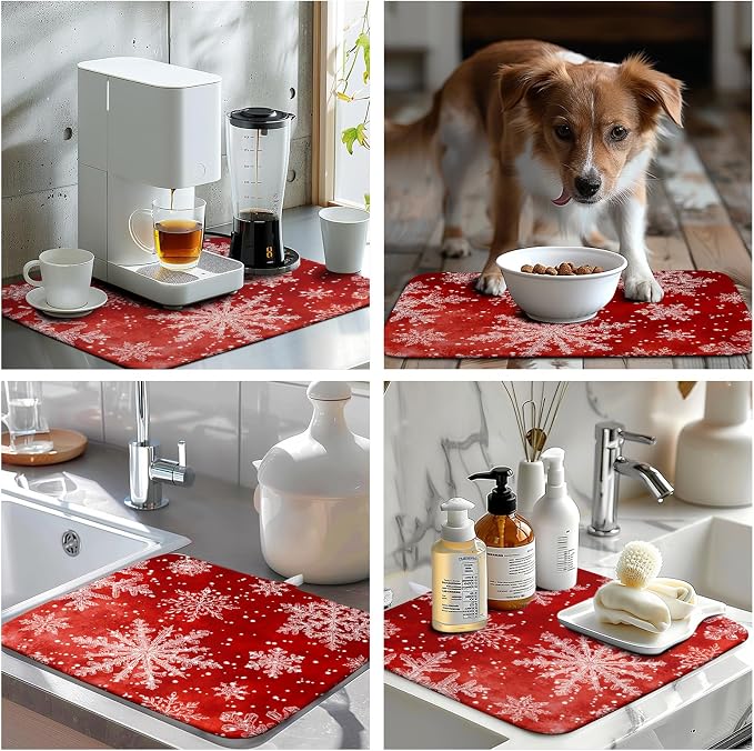 Christmas Dish Drying Mat for Kitchen Counter 16x18 Inch Red Snowflake Xmas - Image 7
