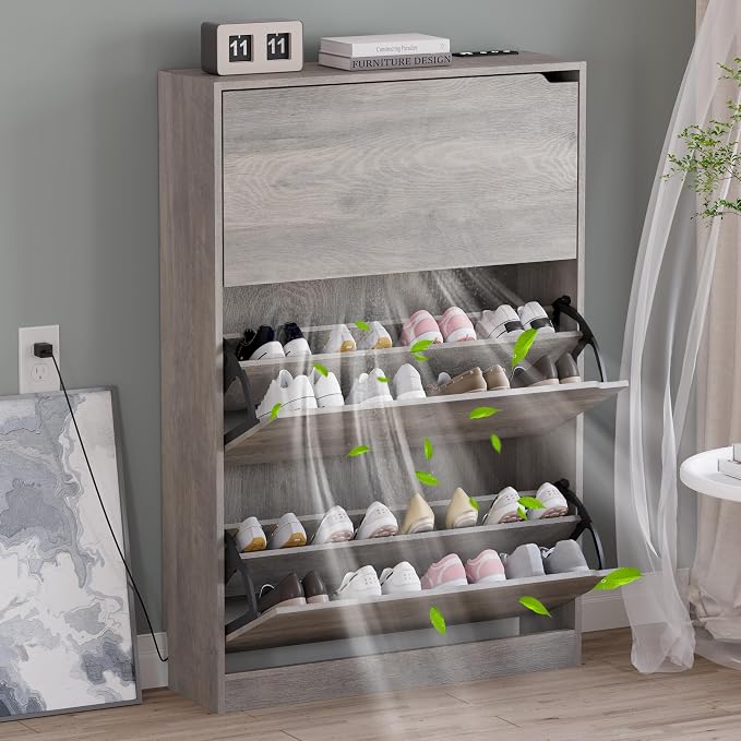 Shoe Cabinet with Odor Control and Back Panels, Deodorizing Slim 3-Flip Shoe by BORNOON