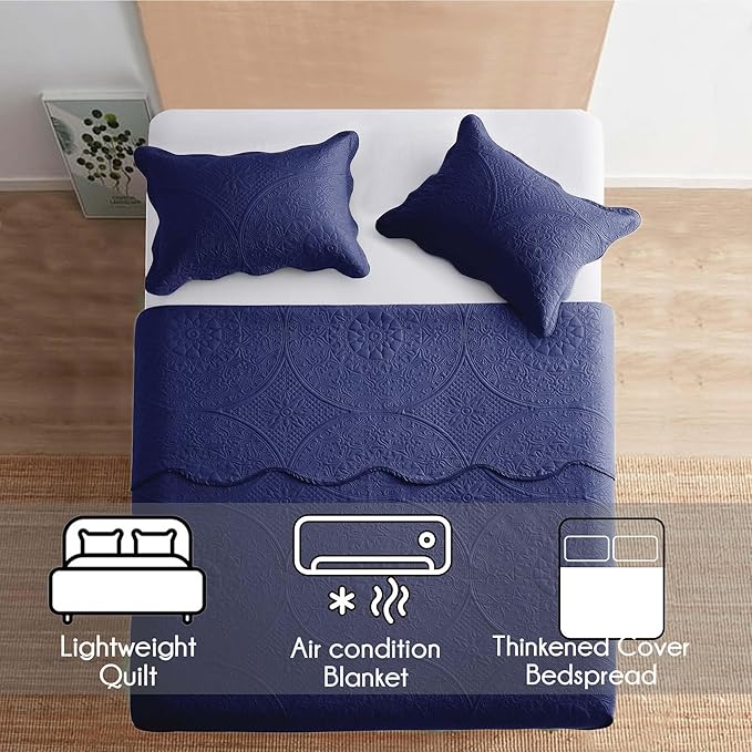 IR Imperial Rooms Twin Quilt Bedding Set Size (68” x 86”) + 1 Pillow Shams (20” x 26” + 2”) - 2 Pcs All Season Lightweight Reversible Microfiber Coverlet Floral Embossed Quilt Bedspread (Blue)