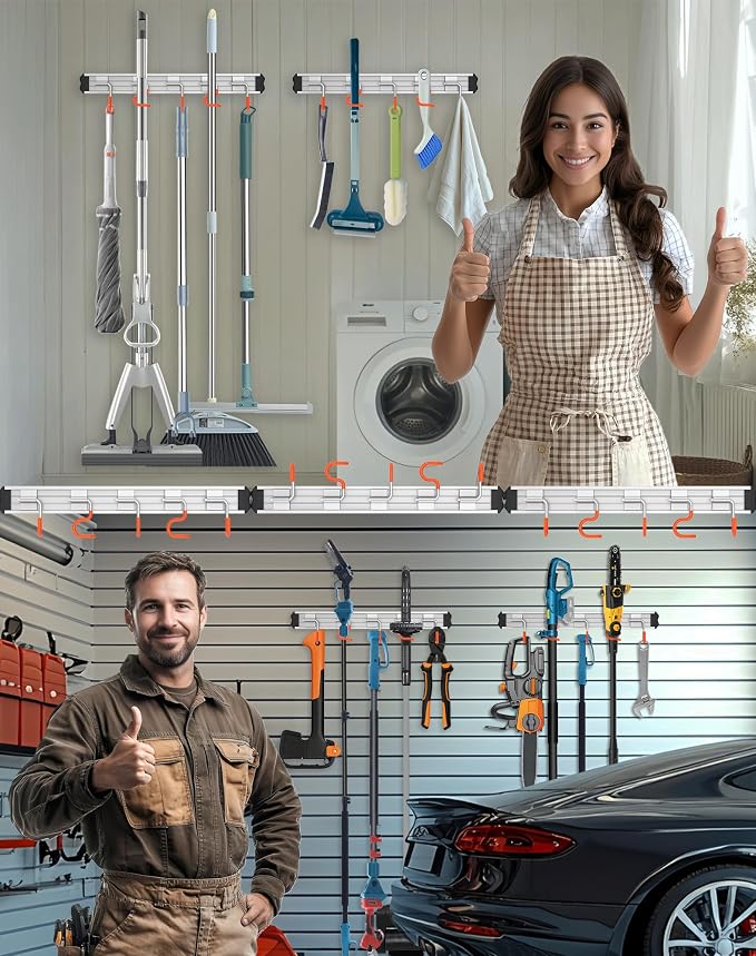 Mop and Broom Holder Wall Mount Garden Tool Rack Organizer, Modern Style - Image 8