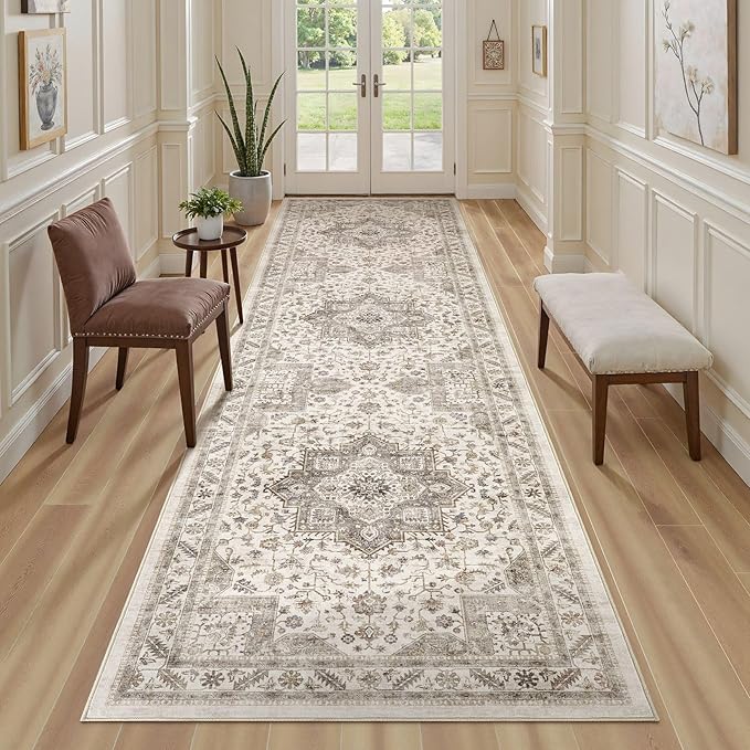 Vintage Hallway Runner Rug 3x14: Large Soft Washable Entryway for Kitchen Laundry Room Non-Slip Backing Runner for Entrance Living Room Bedroom Bathroom - Light Brown