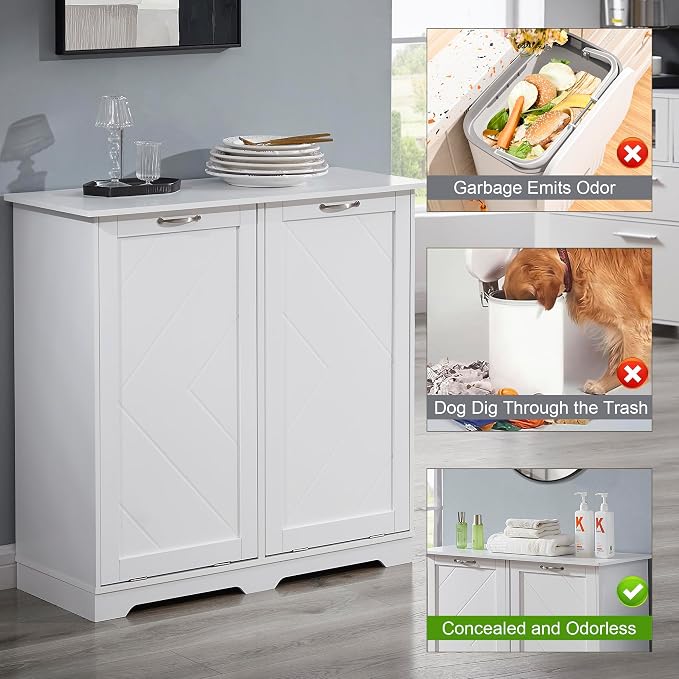 VECELO Double Tilt Out Kitchen Trash Bin Cabinet Dog Proof Garbage Can - Image 4