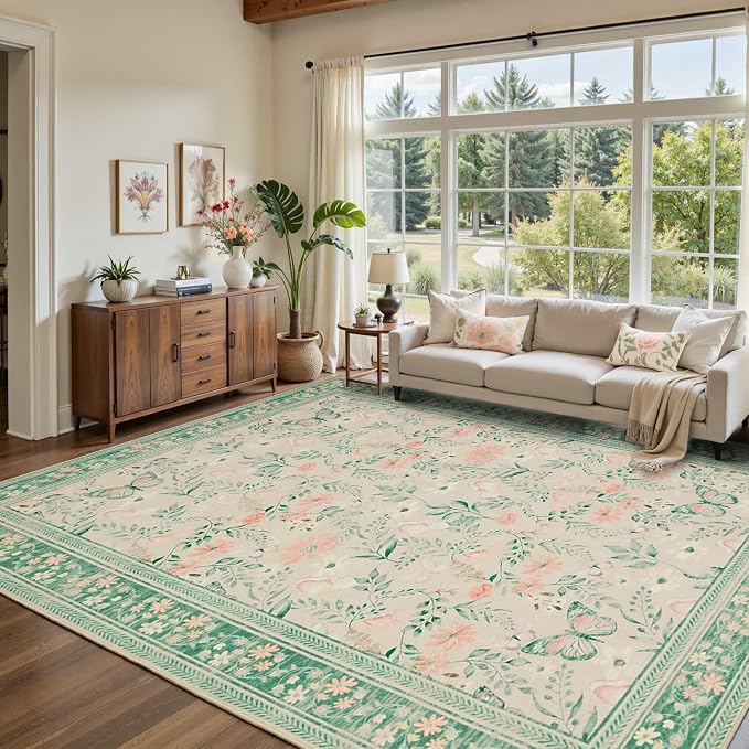 Floral Rug for Living Room Bedroom, 8x10 Washable Rug, Large Non Slip Low Pile by Rugxara