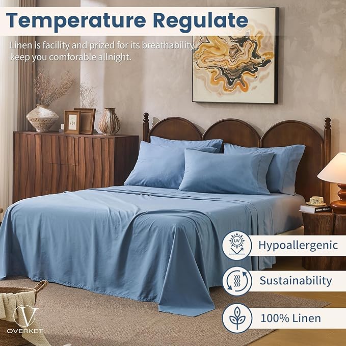 100% Linen Sheets King Size,Breathable & Durable 4-Piece Bed Flax Sheet Set,Soft All-Season Bedding for Hot Sleepers 16" Deep Pocket Oeko-TEX Certified,（King, Dusty Blue）