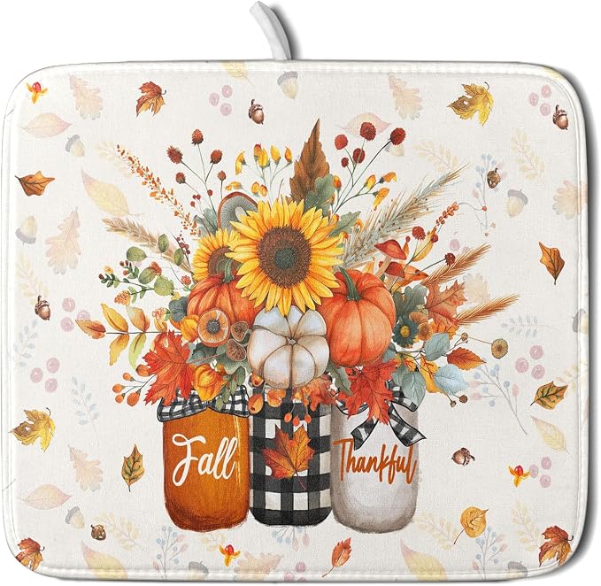Autumn Pumpkin Dish Drying Mat 16x18 Inch Sunflower Flower Vase Washable by Giwawa