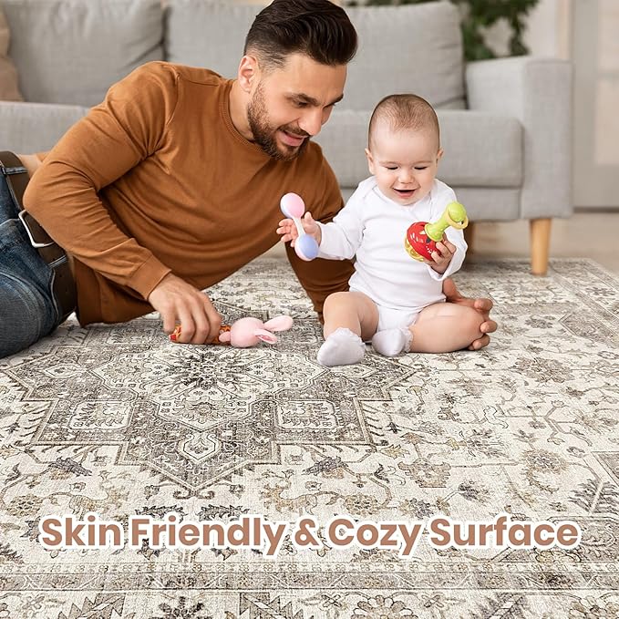 Vintage Living Room Area Rug 7x9 - Large Soft Washable Oriental Traditional Distressed Farmhouse Rugs for Bedroom - Indoor Floor Accent Carpet for Home Office House Decor - Light Brown