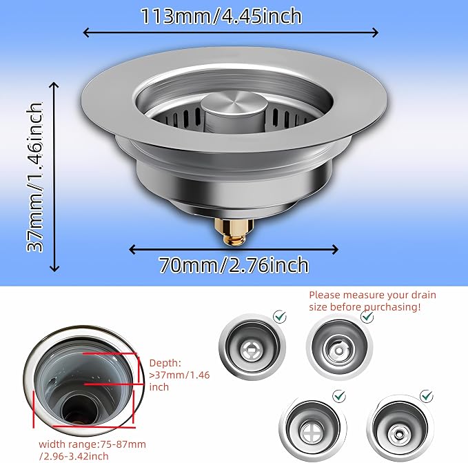 3 in 1 Kitchen Sink Drain Strainer, Universal Stainless Steel Kitchen Sink - Image 6