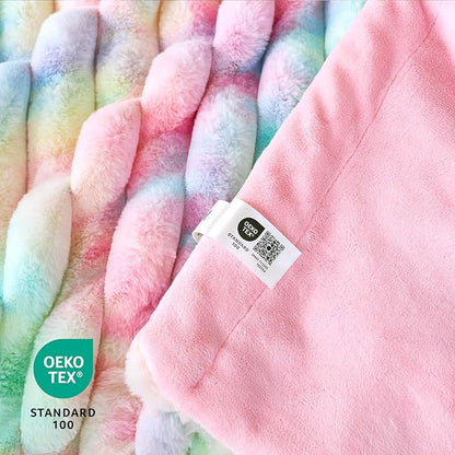 Cozy Bliss Faux Fur Throw Blanket for Couch, Cozy Warm Plush Striped Blanket for Sofa Bedroom Living Room, 50 * 60 Inches Tie-dye Rainbow