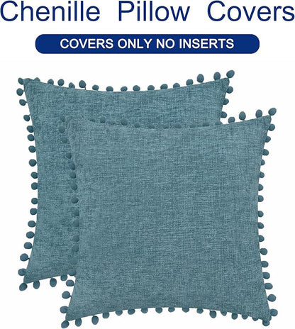 CaliTime Throw Pillow Covers Decorative 18 X 18 Inches Pack of 2 Cozy Solid Dyed Soft Chenille Cushion Cases with Pom Poms for Couch Sofa Bed Living Room Home Smoke Blue