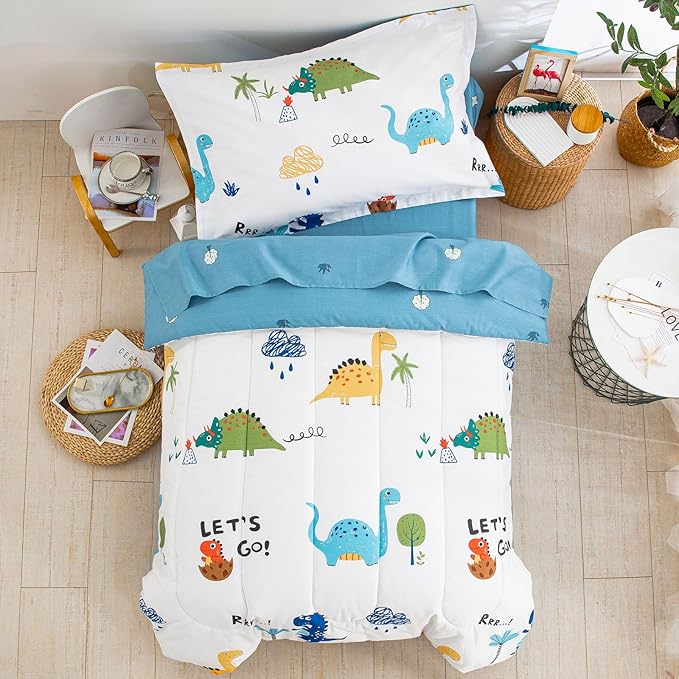 DJY Cotton Toddler Bedding Set for Boys Girls, 4 Pieces Dinosaur Toddler Bed Comforter Set, Includes Quilted Comforter, Flat Sheet, Fitted Sheet and Pillowcase
