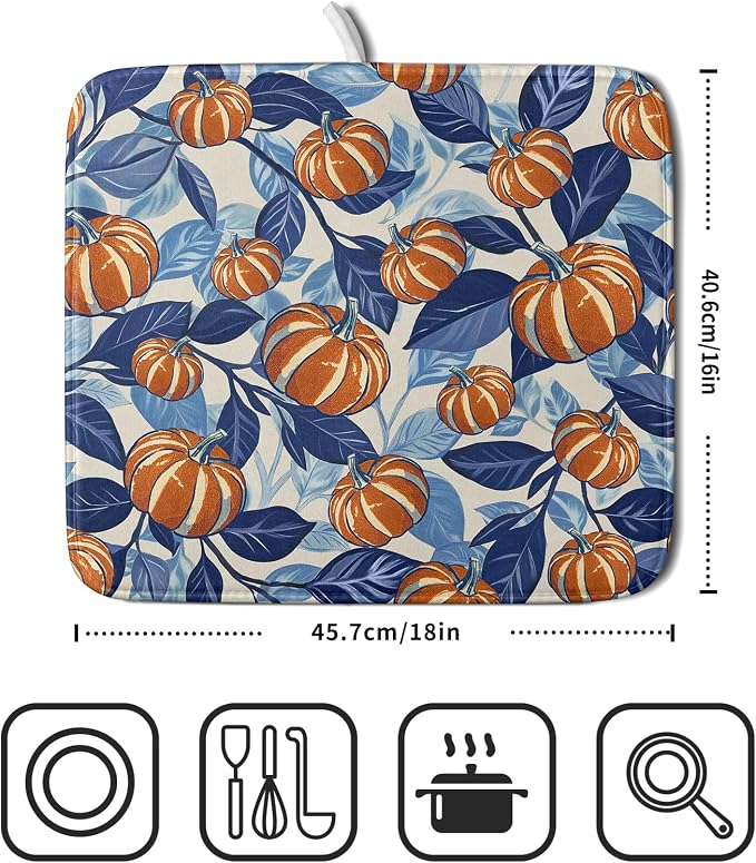Blue Burnt Orange Fall Pumpkin Dish Drying Mat - Image 2