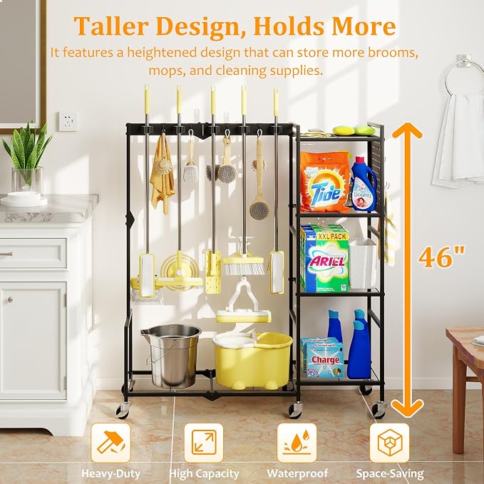 46" H Broom Holder with Cleaning Supplies Organizer, Mop Rack Storage with - Image 2