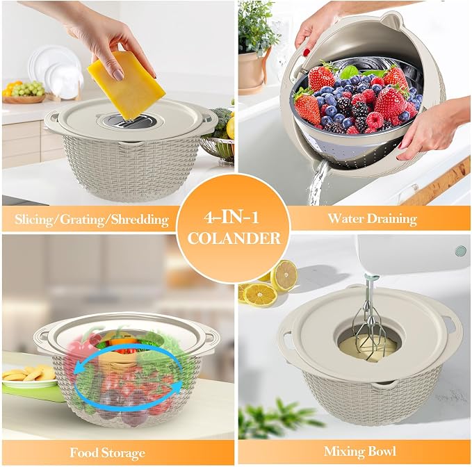 4-1 Colander with Bowl Set, Food Strainers and Colanders, Fruit Washing Bowl - Image 6