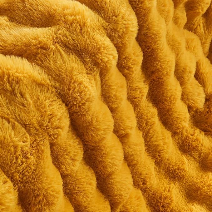 Lotus Karen Faux Fur Throw Blanket Ginger Yellow - Big Bubble Rabbit Fluff Blanket for Couch Bed Sofa,Softest Fluffy Fuzzy Cozy Blanket,Thick Furry Plush Shaggy Warm Blankets for Women,90x90 Inches