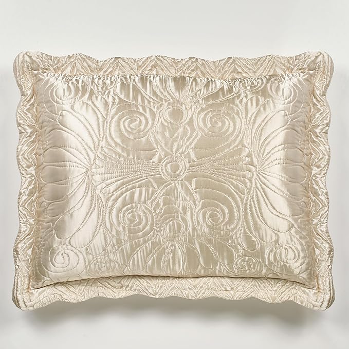 Touch of Class Portia Luxury Bedding | Soft Pearl | Premier Quilted Polyester Satin | Romantic Hand Guided Machine Quilted Scroll Design 3 Piece Set: Queen Oversized Bedspread and 2 Standard Shams