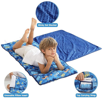 Viviland Toddler Kid Nap Mat for Preschool, Boys Blue Car Slumber Bag, Daycare Sleeping Bag with Pillow and Blanket, Kindergarten Sleep Mat