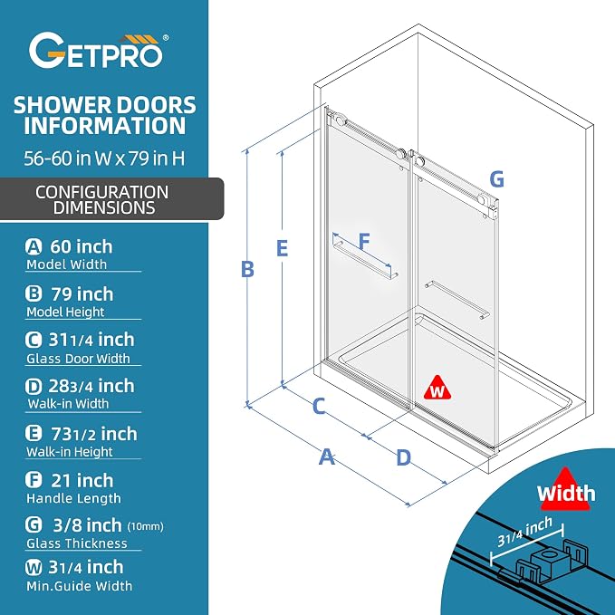 GETPRO Sliding Shower Door 57-60" W x 79" H Frameless Bathroom Double Sliding - Image 8