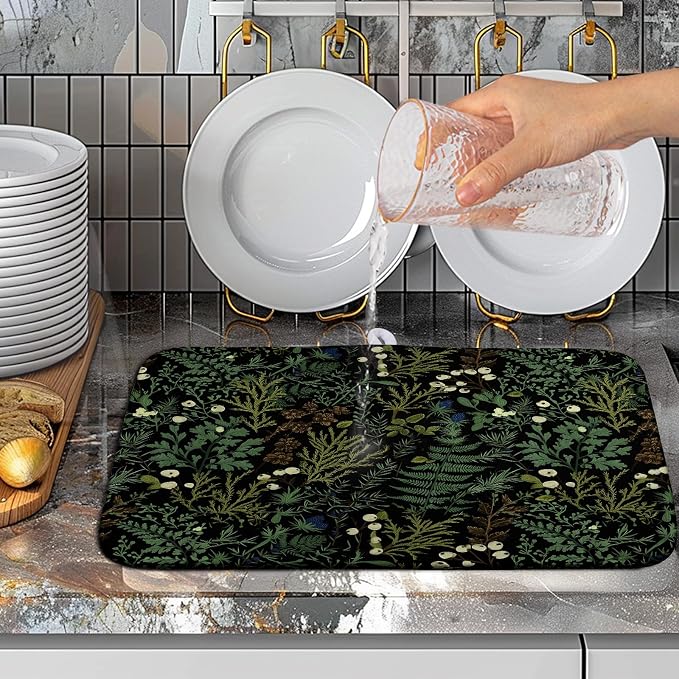 Dish Drying Mat for Kitchen Counter Vintage Green Plant Fern Leaves Floral - Image 5