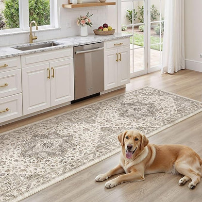Vintage Hallway Runner Rug 3x14: Large Soft Washable Entryway for Kitchen Laundry Room Non-Slip Backing Runner for Entrance Living Room Bedroom Bathroom - Light Brown