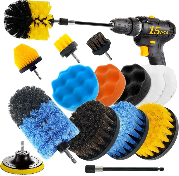 15 Pcs Drill Brush Attachments Set Hard and Soft Bristles Horsehair Brush by TOWBRUS