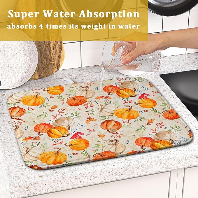 Autumn Fall Dish Drying Mat for Kitchen Counter Watercolor Pumpkin Maple Leaves - Image 7