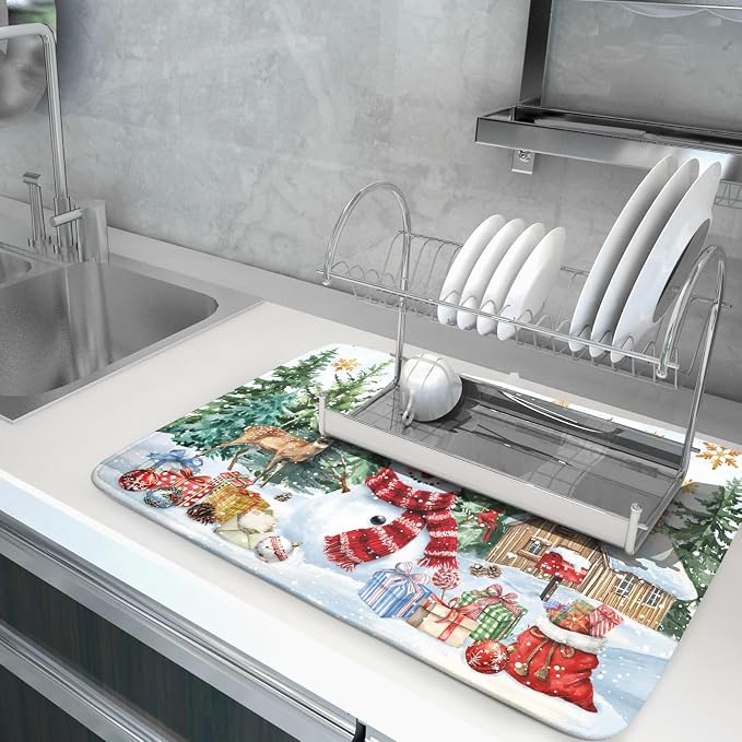 Christmas Kitchen Drying Mat 18 x 24 Inch Xmas Snowman Drying Pad Snowflake and - Image 5