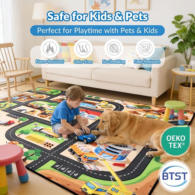 Kids Rug, 5x7 FT Construction Site Car Rug Play Mat, Soft & Durable, Machine - Image 4