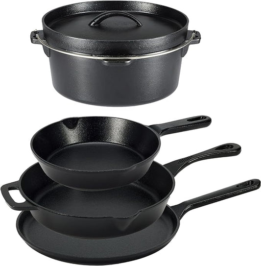 Amazon Basics Pre-Seasoned Cast Iron 5-Piece Cookware Set, Oven Safe, Cooks by AmazonBasics