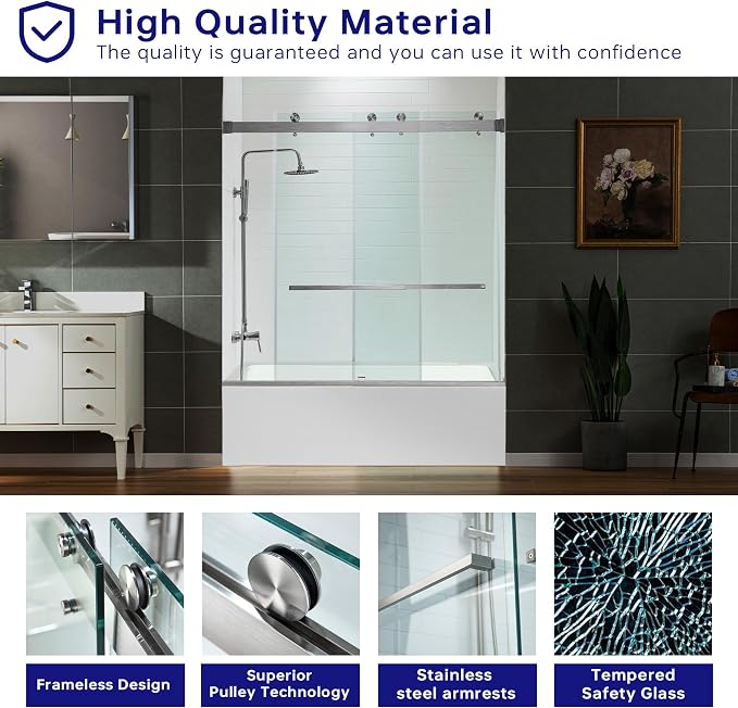 Woodbridge Frameless Bathtub Shower Doors 56-60" Width x 66" Height - Image 6