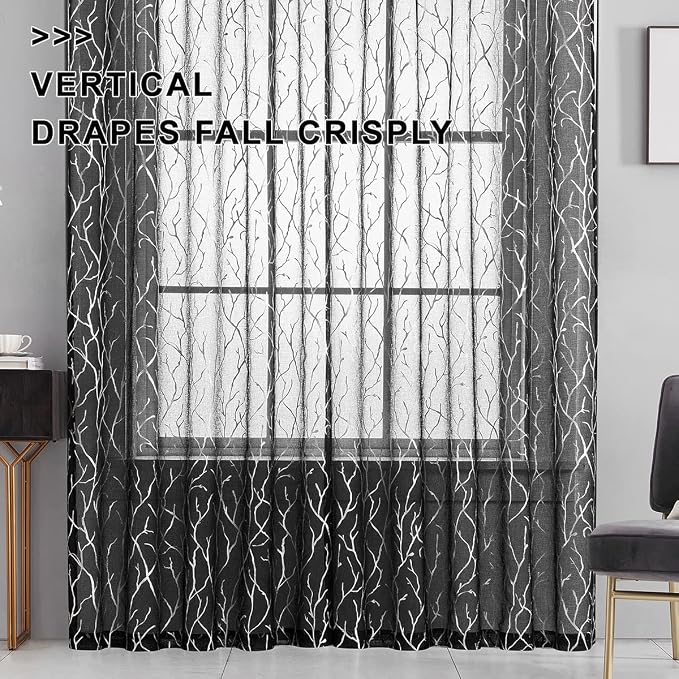 FINECITY Curtains, 2 Pair Black Silver Sheer, 52 x 84 Inch, Rod Pocket - Image 4