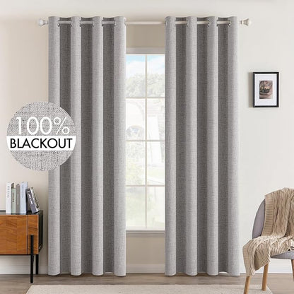 MIULEE Linen Texture Curtains for Bedroom Solid 100% Blackout Thermal Insulated Light Gray Curtains Grommet Room Darkening Drapes for Living Room Nursery 52x96 Inch (2 Panels)