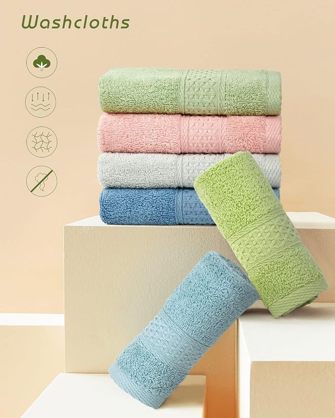 Cleanbear Pure Cotton Wash Cloths Face Cloths, 6 Colors per Set, 13 x 13 Inches - Image 2