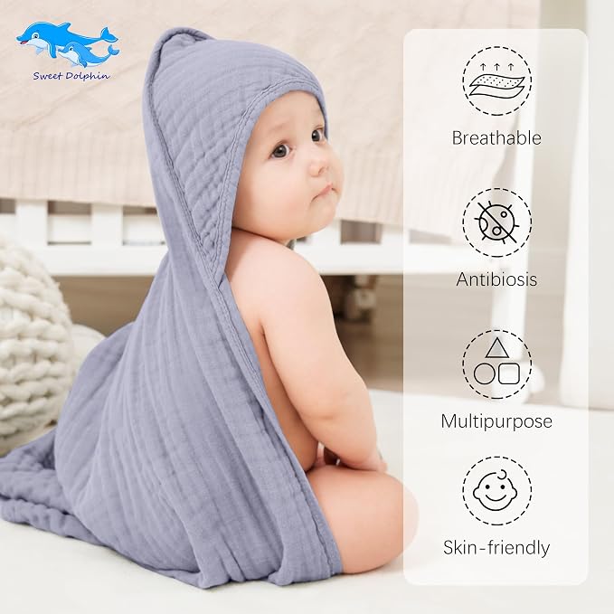 SWEET DOLPHIN Muslin Hooded Baby Bath Towels - Image 2