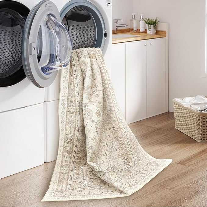 zesthome 2x3 Entryway Rug, Soft Washable Rugs, Non Slip Area Rug, Stain Resistant Low Pile Rugs for Bedroom, Vintage Rug for Door Mat, Kitchen (Cream/Beige,2'x3')