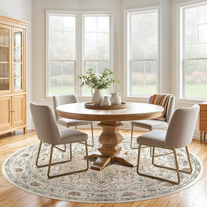 Round Rug Living Room Rugs: 6Ft Washable Boho Neutral Large Circle Soft Indoor Floral Stain Resistant Floor Farmhouse Carpet for Bedroom Nursery Kids Playroom Office Dining Room Dorm Home- Cream Blue