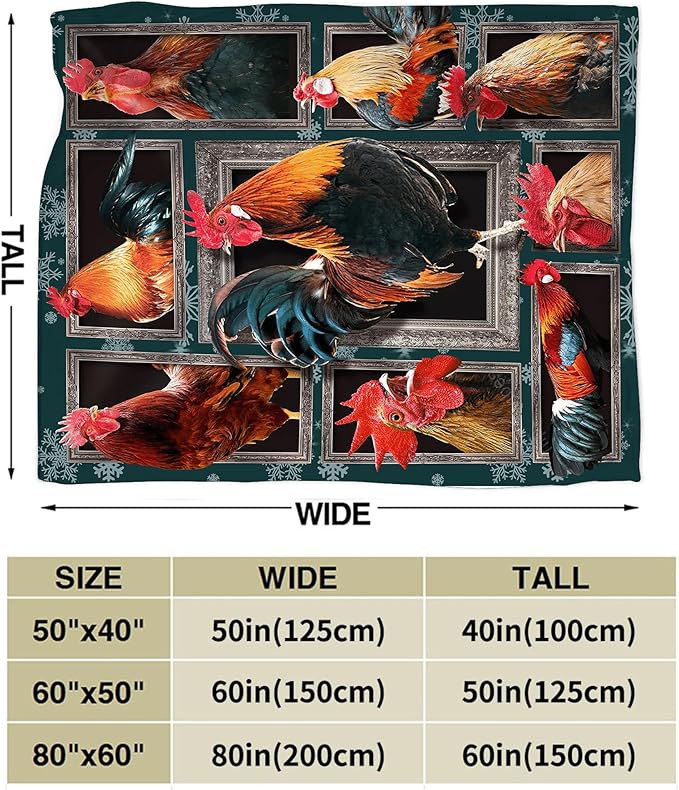 Rooster Chicken Throw Blanket, 60"x50", Multicolor, 100% Polyester Microfiber, Wrinkle Resistant, Colorfast, Unisex Adult, Perfect for Couch, Bed, Camping, Reading, Napping