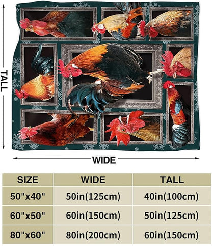 Rooster Chicken Throw Blanket, 60"x50", Multicolor, 100% Polyester Microfiber, Wrinkle Resistant, Colorfast, Unisex Adult, Perfect for Couch, Bed, Camping, Reading, Napping