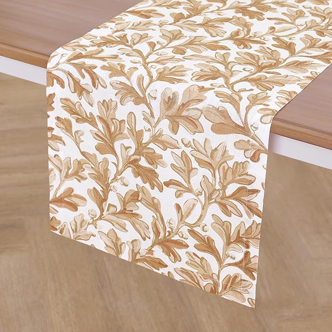 Solino Home 100% Pure Linen Fall Table Runner 72 Inches Long - Floral Print Table Runner 14 x 72 Inch for Autumn - Handcrafted and Machine Washable - Fallen Leaves Print