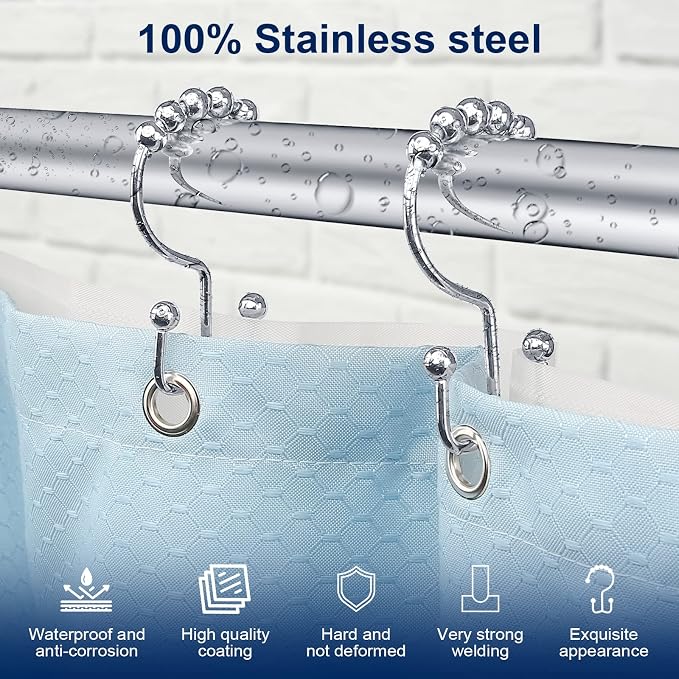 Shower Curtain Hooks, Sturdy Stainless Steel Double Sided Shower Hooks Rings - Image 2