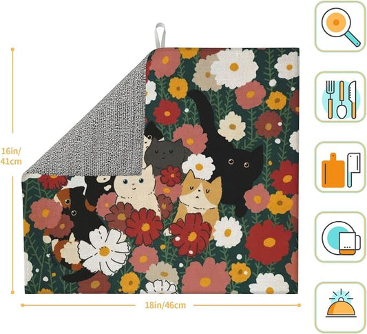 Cute Cat Flowers Dish Drying Mat 16x18 Inch, Microfiber Absorbent Fast Dry Mat - Image 2