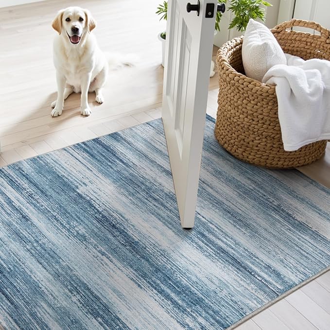 PADOOR Modern Abstract Runner Rug - 2x8 Washable Hallway Rugs, Ultra Soft Non-Slip Low Pile Floor Rugs for Hallway Entryway Kitchen Bedroom Bedside Laundry Room Blue