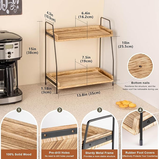 ANBOXIT Countertop Coffee Station Organizer, 2 Tier Wooden Shelf - Image 2