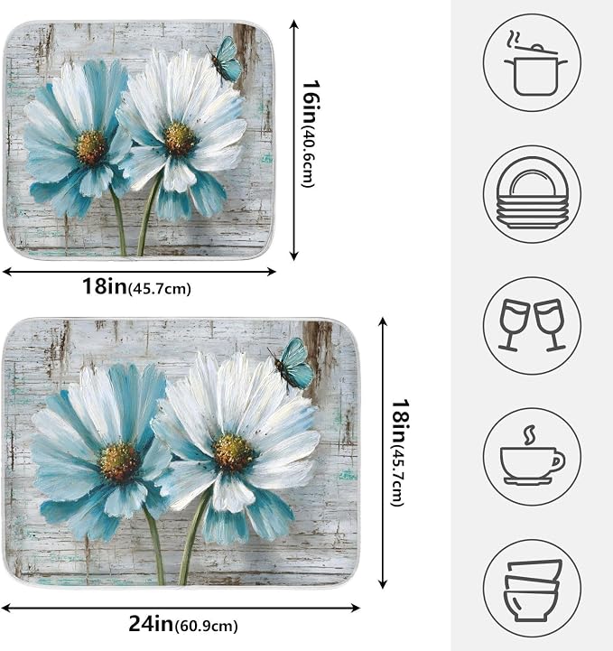 Rustic Teal White Daisy on Vintage Wooden Dish Drying Mat - Image 2