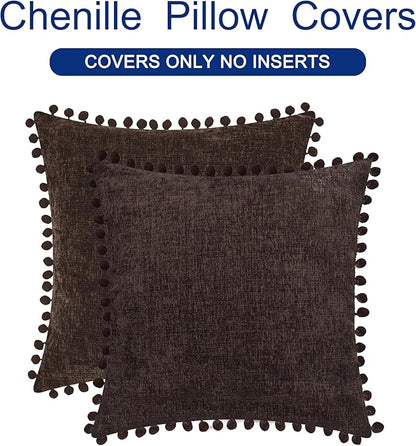 CaliTime Throw Pillow Covers Decorative 16 X 16 Inches Pack of 2 Cozy Solid Dyed Soft Chenille Cushion Cases with Pom Poms for Couch Sofa Bed Living Room Home Coffee
