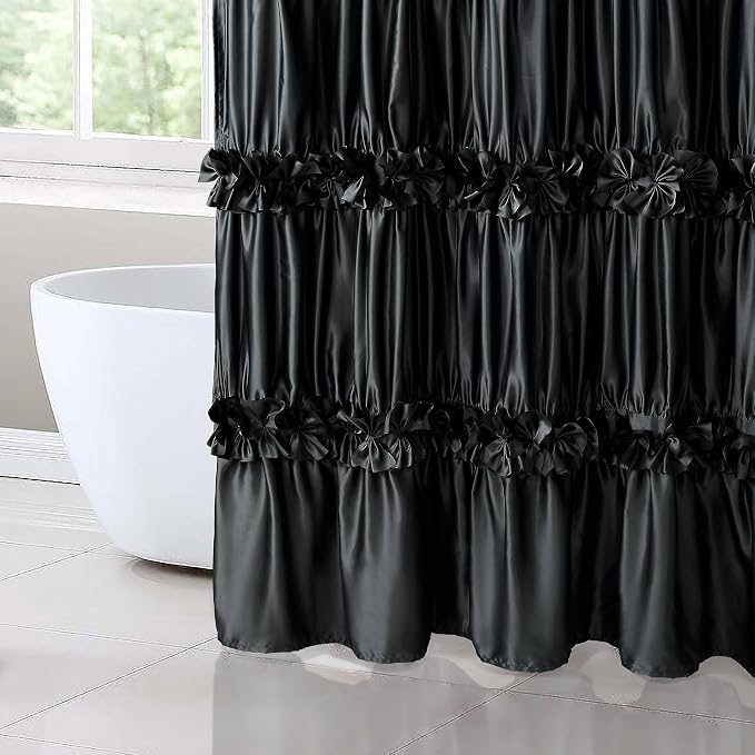 Black Ruffle Shower Curtain, Vintage Handcrafted Bow Tie Bath Curtain - Image 8