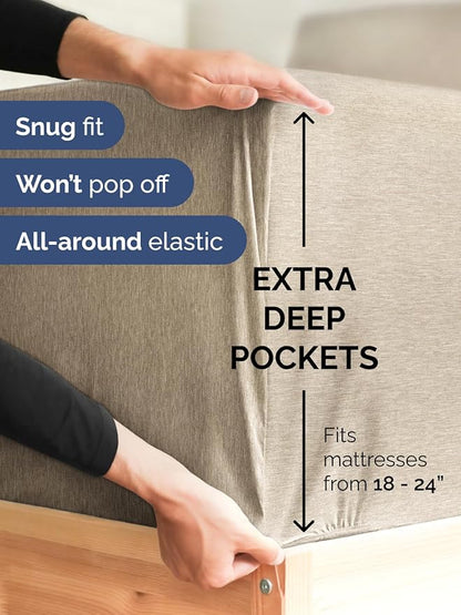 Extra Deep Cal King Fitted Sheet - Hotel Luxury Single Fitted Sheet Only - Easily Fits 18 to 24 inch Mattress - Ultra Soft, Wrinkle Free with Extra Deep Pockets - Breathable & Comfy - Heathered Beige