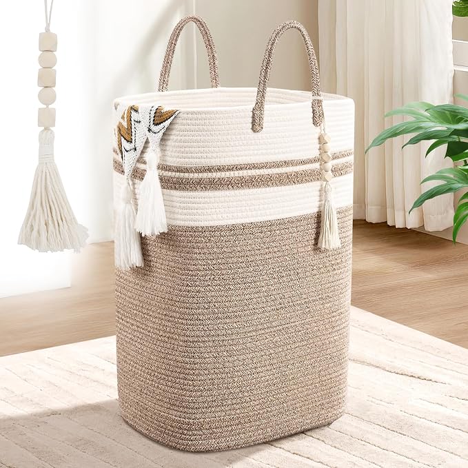 Woven Laundry Basket for Clothes, 50 L Large Rectangle Laundry Hampers by WENMER