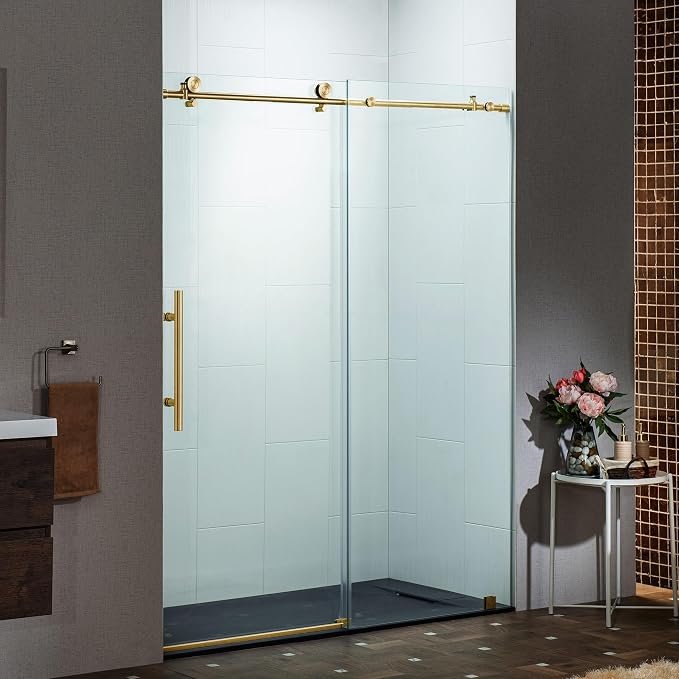 Woodbridge Frameless Single Sliding Shower Doors in Brushed Gold Finish - Image 8