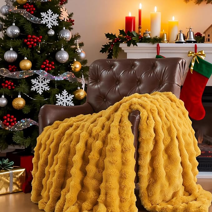 Lotus Karen Faux Fur Throw Blanket Ginger Yellow - Big Bubble Rabbit Fluff Blanket for Couch Bed Sofa,Softest Fluffy Fuzzy Cozy Blanket,Thick Furry Plush Shaggy Warm Blankets for Women,90x90 Inches